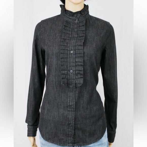 Polo Ralph Lauren Tops - NWT Lauren by Ralph Lauren Black Denim Ruffle Button Down Blouse top t shirt